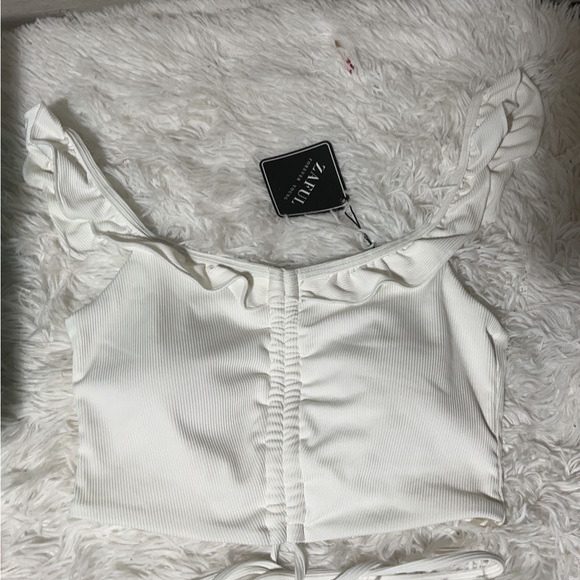 ZAFUL Ribbed Ruffle Cinched Ruched Bikini Top - White S - Picture 4 of 5